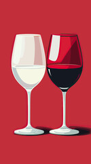 Minimalist vector illustration of white wine glass and red wine glass with reflections on red background for beverage and lifestyle concept design