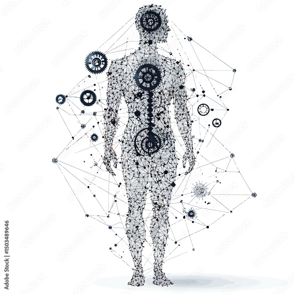 Poster futuristic human body silhouette with interconnected geometric mesh and mechanical gears representin