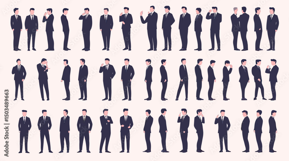 Poster businessman character set with various postures and side front back views, formal suit vector illust