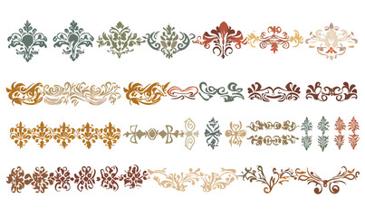 Fototapeta premium Set of vintage decorative floral borders and ornamental dividers in earth tones for retro design and classic embellishment elements vector illustration isolated on white background