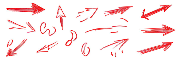 Hand drawn red arrow sketch set with various directions including straight, curved, and diagonal doodle style vector graphic design elements on white background