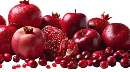 Various red fruits including apples, pomegranates, and cranberries, white isolate background.