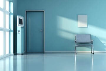 Waiting room ambiance sterile and quiet medical clinic waiting area with seating and information kiosk