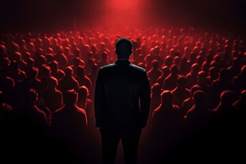 Confident man in a black suit standing before a large audience under dramatic red lighting, symbolizing leadership, influence, and power in a high-impact setting.
