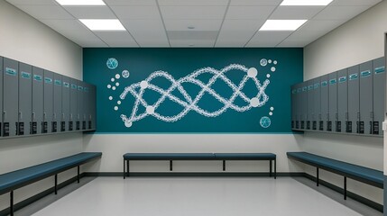 Locker room designed medical professional dynamic mural of DNA strand molecule symbolizing life science Key feature include electronic locker bench seating soft LED lighting polished organized feel