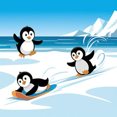 Obraz premium A group of penguins are playing in the water.