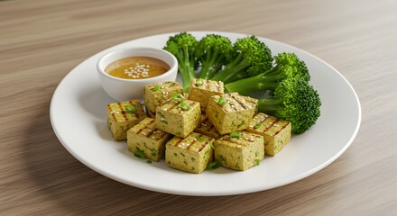 Grilled Tofu with Broccoli and Dipping Sauce on a White Plate (Generative AI)