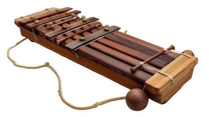 Wooden musical instrument with mallets, isolated on a white background.