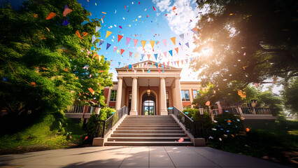 Photo of a classic university entrance with stairs, digitally combined with illustrated banners, streamers, and celebration icons floating in the sky