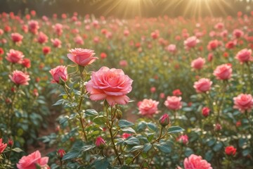 Fototapeta premium Sun-kissed rose field, dreamy bokeh; vibrant floral scene, image, close-up, field