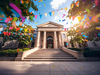 Photo of a classic university entrance with stairs, digitally combined with illustrated banners, streamers, and celebration icons floating in the sky
