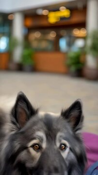 Portrait of a wolfspitz resting peacefully atop luggage in a public space, featuring soft fur and attentive, golden eyes.