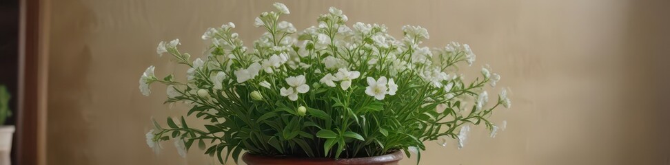Vivid green plant bursts from clay pot, delicate white blooms add contrast, white, pot, flower