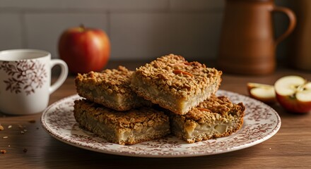 Delicious Apple Oatmeal Bars on Plate with Fresh Apples and Coffee, Cozy Autumn Food
