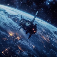 Naklejka premium A futuristic AIcontrolled defense satellite orbiting Earth