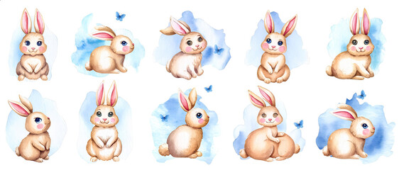 A set of twelve rabbits in various poses, some sitting and some standing.