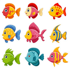 A set of colorful fish with big eyes.