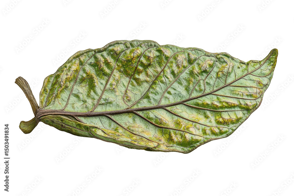 Poster detailed close-up of a green leaf showcasing vibrant textures and intricate vein patterns on a trans