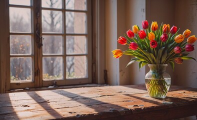 Vase of tulips sits on a wooden table in front of a window. The sunlight shines through the window, casting a warm glow on the flowers. Concept of peace and tranquility