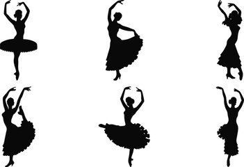 Graceful female ballet dancers performing expressive silhouette poses © Meysood