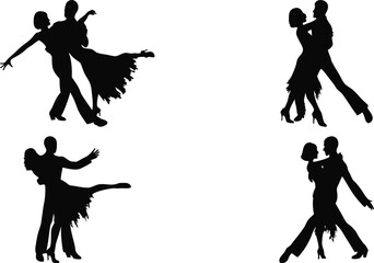 Stylish ballroom dance couples in dramatic silhouette poses