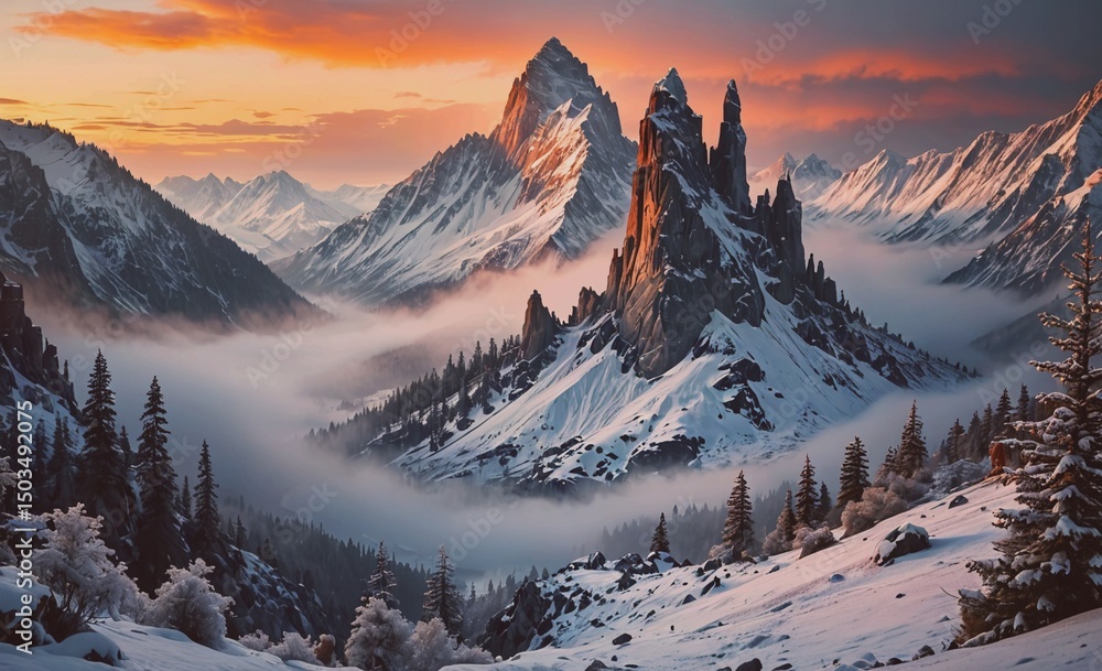 Poster mountain range with snow and fog in the background. the mountains are covered in snow and the sky is