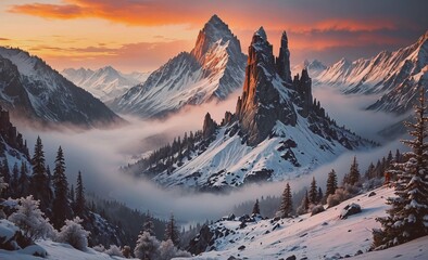 Mountain range with snow and fog in the background. The mountains are covered in snow and the sky is orange