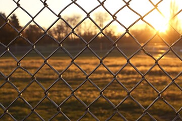 Fototapeta premium Sunrise Over a Chain Link Fence with a Field in the Background