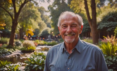 Man is smiling in a park. He is wearing a blue shirt and a gray hat. The park is filled with trees and plants, and there are several benches and a fountain nearby. The man is enjoying his time in the