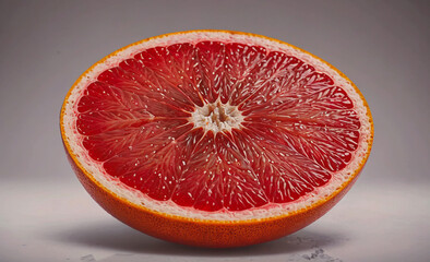 Red grapefruit is sliced open, revealing its juicy interior. Concept of freshness and vitality, as the bright red color of the fruit contrasts with the white background