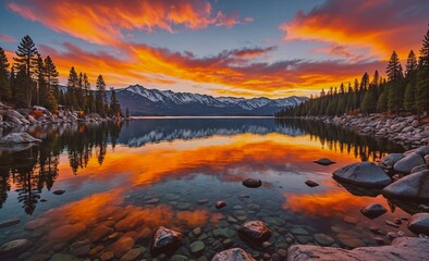 Beautiful lake with a mountain range in the background. The sky is orange and pink, creating a serene and peaceful atmosphere
