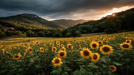 Fototapeta premium Sunflower Field Sunset Blooming Beauty in Mountain Valley.
