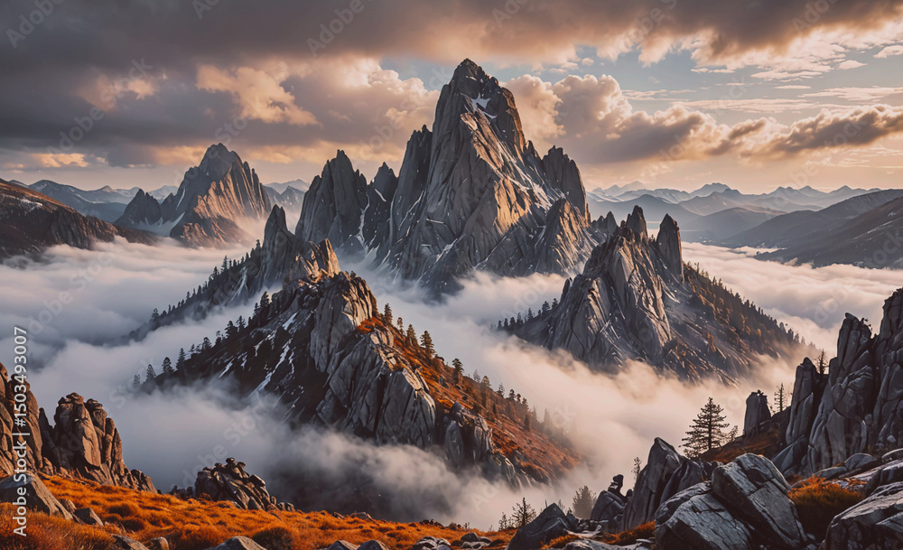 Poster the mountains are covered in clouds and the sky is a mix of orange and gray. the scene is serene and