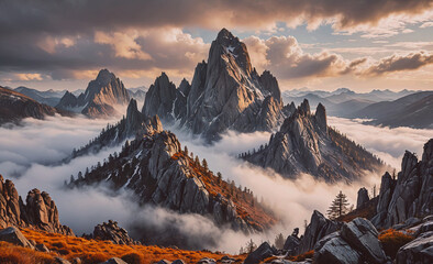 The mountains are covered in clouds and the sky is a mix of orange and gray. The scene is serene and peaceful, with the mountains towering over the landscape