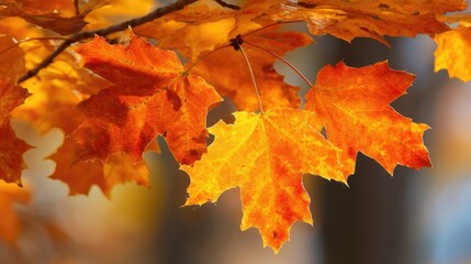 Golden Maple Leaves Autumnal Beauty in Vivid Color and Sunlight.