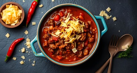 Hearty Gourmet Chili Con Carne with Aged Cheddar in Artisan Blue Ceramic, Slate-Plated for a Rustic Culinary Showcase