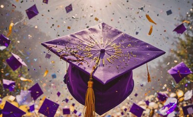 Purple cap with gold trim is being tossed into the air. Concept of celebration and accomplishment, as the cap is likely being thrown by a graduate during a graduation ceremony
