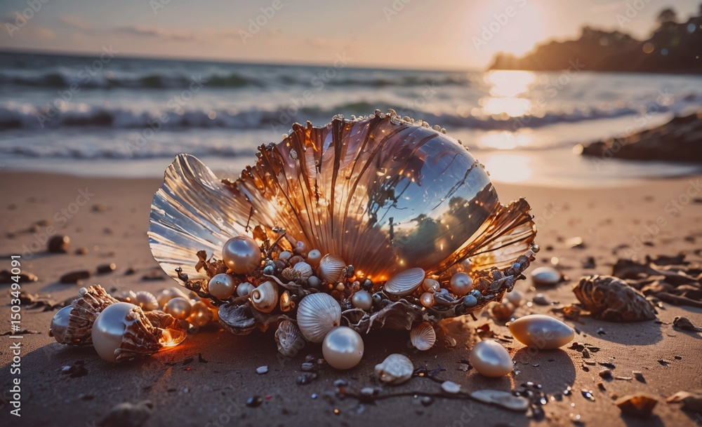 Aufkleber Beach scene with a large shell and many small shells scattered around it. The shell is reflecting the sun and the water, creating a serene and peaceful atmosphere