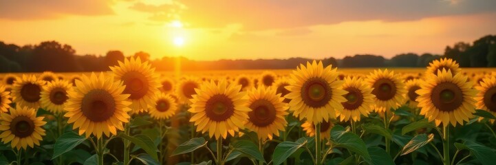 Obraz premium Golden hour sun bathes vibrant sunflowers & cornfield , vibrant, sunflowers