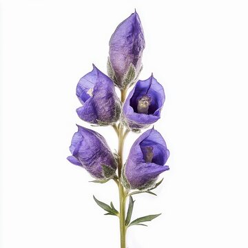 aconitum napellus monkshood wolfsbane plant purple hooded flowers isolated on white transparent background