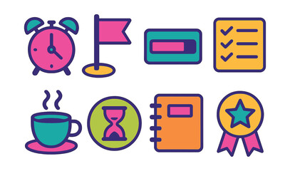 Two-Color vector icons of productivity habits: alarm clock, goal flag, progress bar, checklist, coffee cup, focus timer, notebook, success badge.
