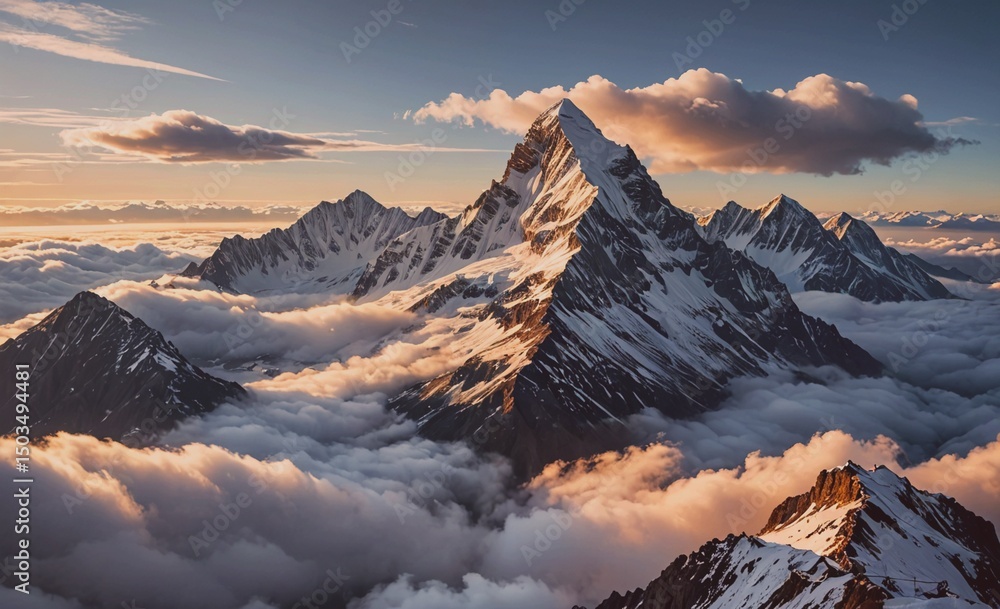 Poster Mountain range with a large peak in the middle and a cloudy sky. The clouds are white and fluffy, giving the scene a peaceful and serene atmosphere