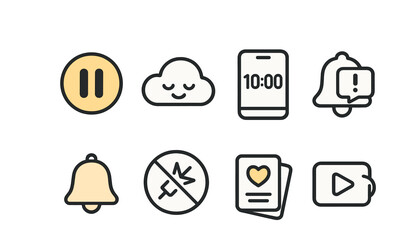Outline with Fill style icons of mindful app features: pause button, calm icon, time limit screen, helpful reminder, soft bell, no streak, affirmations, gentle animation.
