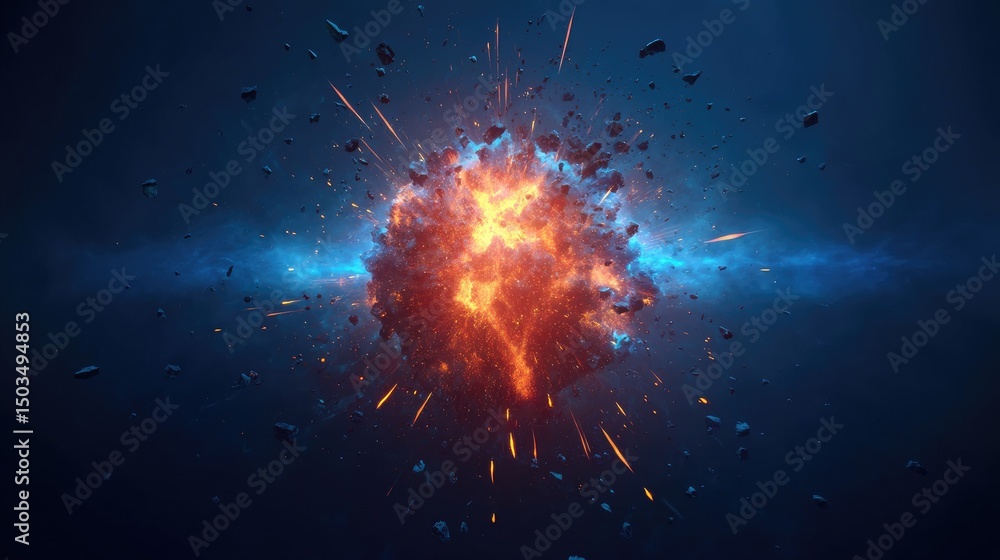 Poster cosmic blast fiery explosion in deep space stock image.