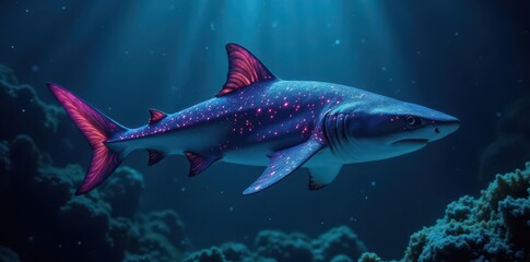 A bioluminescent deep sea shark swims in the abyssal plain , shark, benthic, abyssal