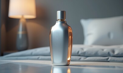 Elegant skincare bottle displayed on a bedside table, capturing a serene and luxurious ambiance ideal for beauty, wellness, or interior design concepts.