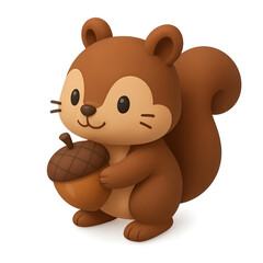 Obraz premium Adorable 3D cartoon squirrel holding an acorn on transparent background, concept for children's book illustration, character design, and animation