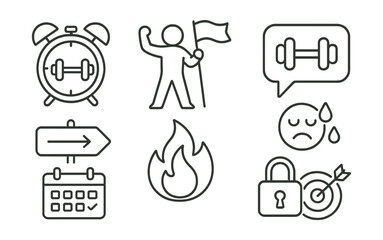 Line style icons of motivational elements: workout reminder, challenge accepted, fitness quote bubble, “keep going” sign, inner fire icon, sweat equals success, consistency calendar, goal unlocked.
