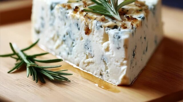 Close up of delicious blue cheese wedge with walnuts and rosemary sprig on wooden board creating a culinary gourmet food backdrop