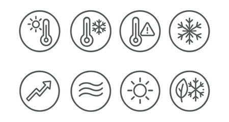 Line style icons of temperature changes in circles: hot thermometer, cold thermometer, high temp alert, freeze icon, warming trend arrow, cool breeze, mild symbol, seasonal shift.